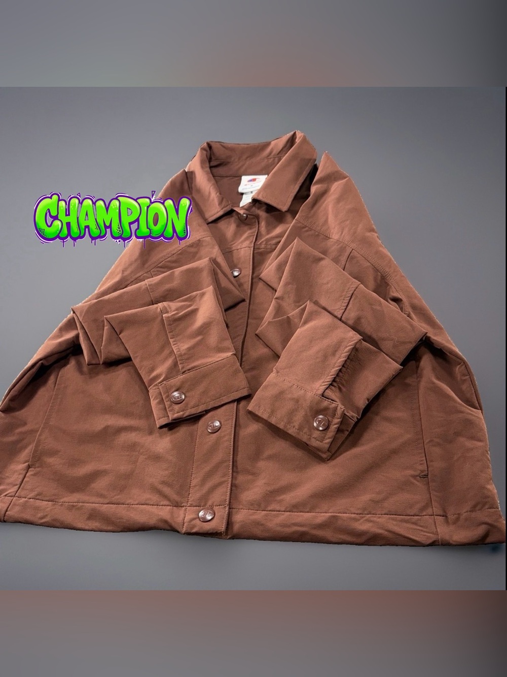 Champion Womens S Brown Canvas Snap Button Work Jacket Chore Coat Script Logo